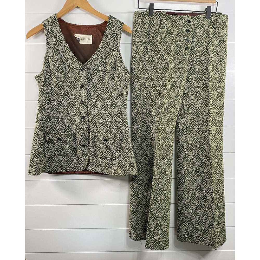 Vintage Bobbie Brooks Vest Pants Womens Wool Lined Set Suit 70s USA Green